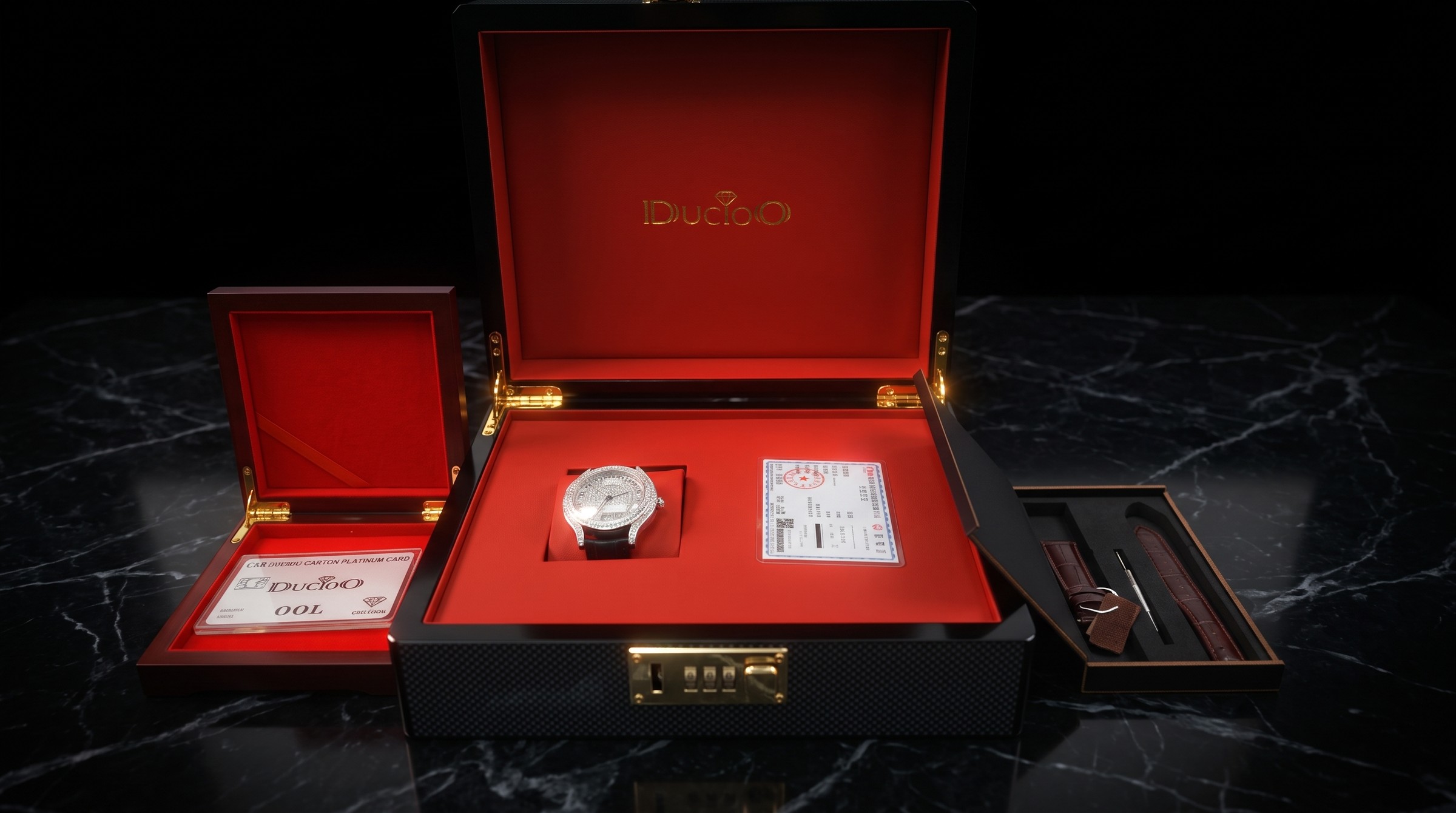 The presentation case, closed, with the watch beside it.